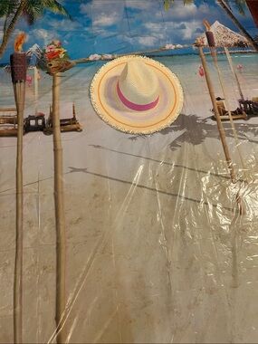 Striped Straw Sun Hat with Pink Accent